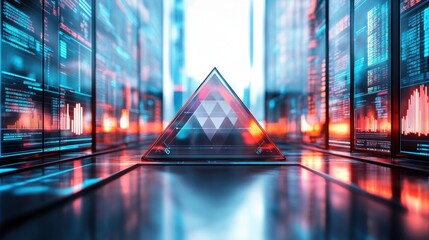 Poster - A sleek, futuristic glowing pyramid structure in a high-tech office, surrounded by digital financial displays.