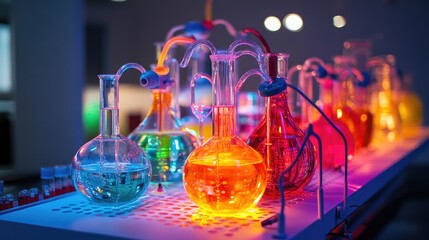 Aufkleber - Brightly colored flasks filled with liquids, connected by intricate tubing, positioned on a sterile lab bench, creating a vibrant scientific demonstration
