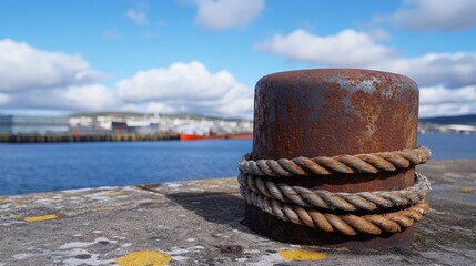 Aufkleber - Close-up of a rusty bollard with thick ropes at a port, set against a clear blue sky with fluffy clouds, showcasing the rugged industrial atmosphere of the harbor