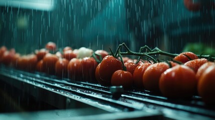 Poster - Close-up of fresh tomatoes on a conveyor belt, surrounded by soft rain, symbolizing freshness and the agricultural process in a serene setting