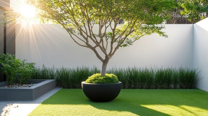 Poster - Elegant backyard setting with a small tree in a black pot, fresh green grass, and a sleek white wall, providing a serene and contemporary outdoor atmosphere