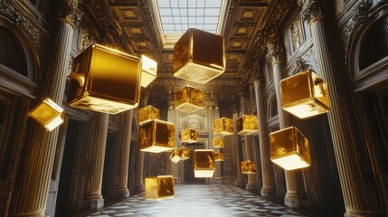 Aufkleber - Floating golden cubes suspended in a grand, opulent setting, exuding a sense of luxury, refinement, and artistic sophistication
