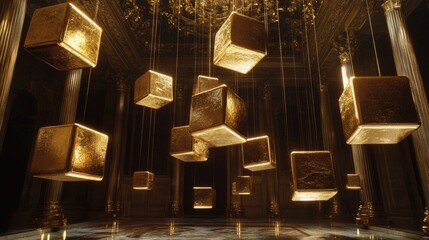 Aufkleber - Floating golden cubes suspended in a grand, opulent setting, exuding a sense of luxury, refinement, and artistic sophistication