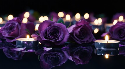 Poster - Funeral concept featuring purple roses and softly glowing candles on a reflective black surface, creating a serene and contemplative atmosphere