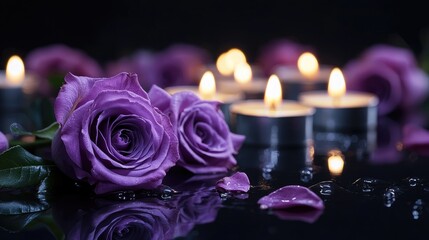 Poster - Funeral concept featuring purple roses and softly glowing candles on a reflective black surface, creating a serene and contemplative atmosphere