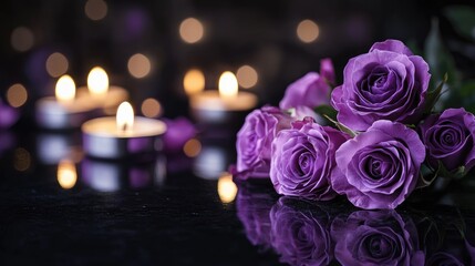 Poster - Funeral concept featuring purple roses and softly glowing candles on a reflective black surface, creating a serene and contemplative atmosphere