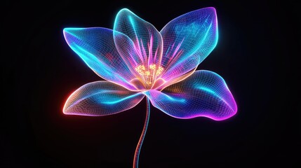 Poster - Futuristic digital flower with radiant holographic neon petals and glowing wireframe stem, creating a stunning and tech-inspired nature design