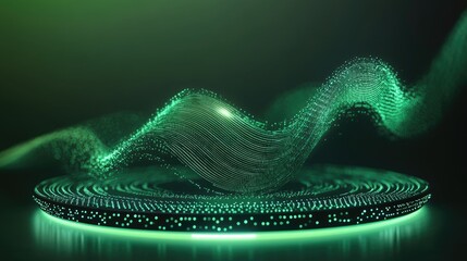 Poster - Futuristic green holographic data waves spiraling toward a glowing circular platform, creating a sense of digital energy and technological flow
