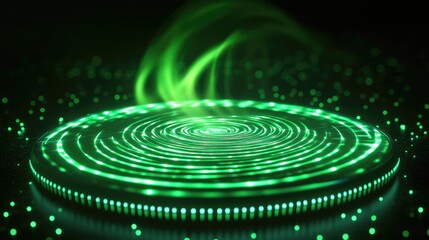 Poster - Green holographic waves spiraling in a circular motion toward a glowing platform, creating a dynamic, futuristic scene filled with digital energy
