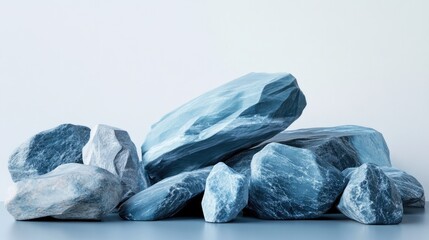 Poster - Minimalist design of blue geometric stones and rocks arranged artfully on a clean surface, creating an elegant and modern abstract display