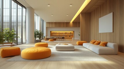 Aufkleber - Sun-Kissed Serenity, A Modern Lounge with Warm Accents and Tranquil Ambiance in a Light-Filled Space