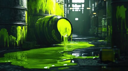 Poster - Neon green liquid dripping from toxic chemical barrels in a dim, industrial space, creating a dramatic and ominous atmosphere of environmental hazard