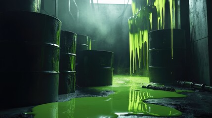 Poster - Neon green liquid dripping from toxic chemical barrels in a dim, industrial space, creating a dramatic and ominous atmosphere of environmental hazard