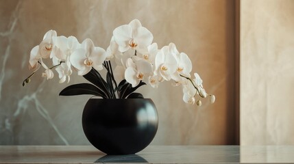 Poster - Orchids and lilies arranged beautifully in a black vase, placed on a luxurious marble counter amidst a minimalist design, creating an elegant atmosphere