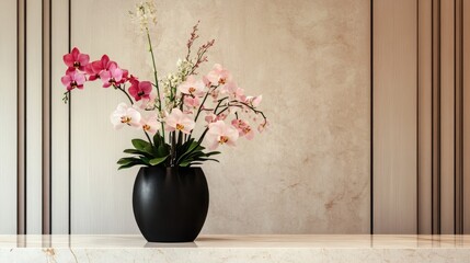 Poster - Orchids and lilies arranged beautifully in a black vase, placed on a luxurious marble counter amidst a minimalist design, creating an elegant atmosphere