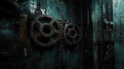 Poster - Rusted gears and chains hanging in an abandoned factory, with dramatic lighting casting shadows and creating a moody, atmospheric industrial scene