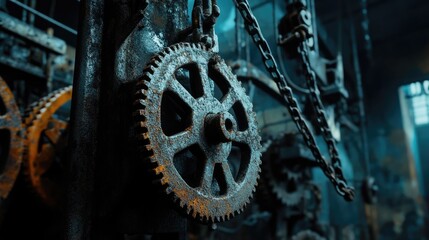 Poster - Rusted gears and chains hanging in an abandoned factory, with dramatic lighting casting shadows and creating a moody, atmospheric industrial scene