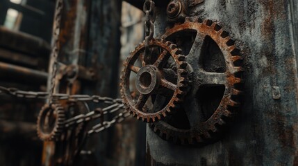 Poster - Rusted gears and chains hanging in an abandoned factory, with dramatic lighting casting shadows and creating a moody, atmospheric industrial scene