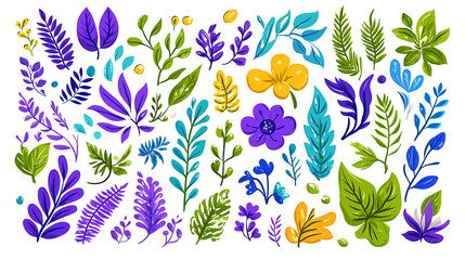 Poster - Colorful Floral Set Illustration Whimsical Botanical Collection with Vibrant Leaves and Flower Assortment