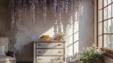 Poster - Rustic vintage room featuring a weathered dresser and delicate wisteria blooms, creating a charming and tranquil ambiance with a touch of nature