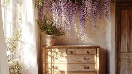 Poster - Rustic vintage room featuring a weathered dresser and delicate wisteria blooms, creating a charming and tranquil ambiance with a touch of nature