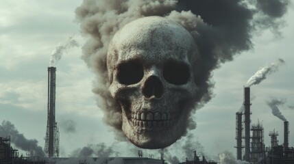 Poster - Smoke from industrial machinery takes the shape of a skull, visualizing the environmental dangers of CO2 emissions and the consequences of unchecked pollution
