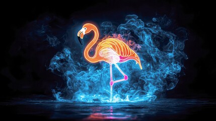 Wall Mural - Fiery Flamingo: A Neon Dream in Smoke and Light