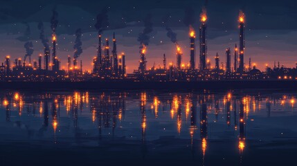 Poster - The calm waters of a seascape reflect the glowing lights of an oil refinery at dusk, creating a striking and dramatic industrial landscape at twilight