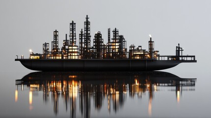 Poster - The silhouette of an oil refinery at dusk, with its lights reflecting off calm waters, offering a striking contrast between nature and industry