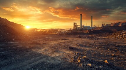 Poster - The sun sets over an industrial site with rocky ground, creating a striking mix of fiery skies and rugged terrain, showcasing the beauty of the industrial landscape