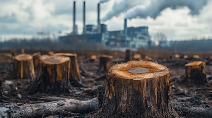 Poster - Tree stumps in a barren deforested landscape, with a factory in the background emitting pollutants, highlighting the damaging effects of industrial pollution