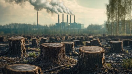 Poster - Tree stumps scattered in a deforested area, with a factory in the background releasing pollution into the air, highlighting the ecological damage caused by industrial activity