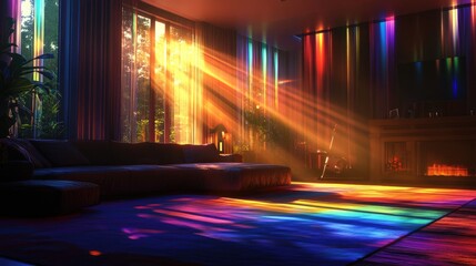 Aufkleber - Vibrant, multicolored beams of light brighten a darkened room, creating a cozy and enchanting ambiance perfect for a relaxed evening