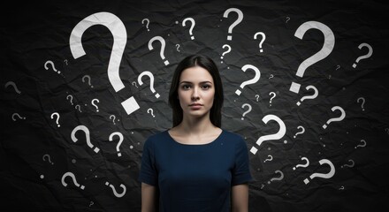 Thoughtful woman surrounded by question marks on black crumpled