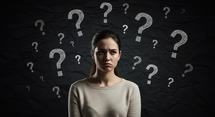 Thoughtful woman surrounded by question marks on black crumpled