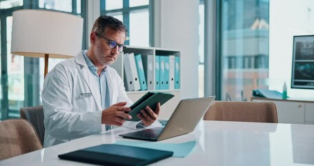 Aufkleber - Healthcare, doctor and man with tablet, office and serious for research of diagnosis, online and clinic. Reading, medical professional and person with laptop for info, browsing and tech in hospital