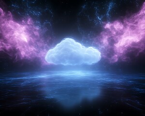 Fototapete - A surreal image of a holographic cloud server suspended in a dark void, evoking a sense of digital mystery.