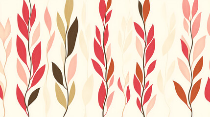 Canvas Print - Decorative Pattern of Elongated Leaves in Red and Brown Tones Against an Off White Background Design