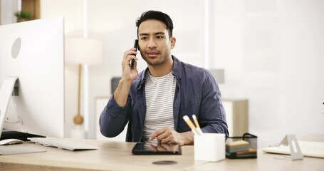 Aufkleber - Phone call, businessman at desk with computer and tablet for lead generation, negotiation and discussion. Networking, conversation and happy man in office on cellphone chat for business development.