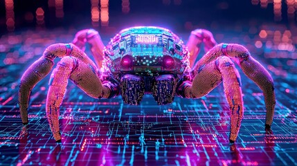 Wall Mural - Cyberpunk Spider Robot: A Futuristic Digital Creature in a Neon-Lit Circuit Board