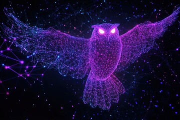 Wall Mural - A futuristic flying owl formed with a web of neon light connections, glowing brightly on a dark black canvas in high-definition 4K quality.