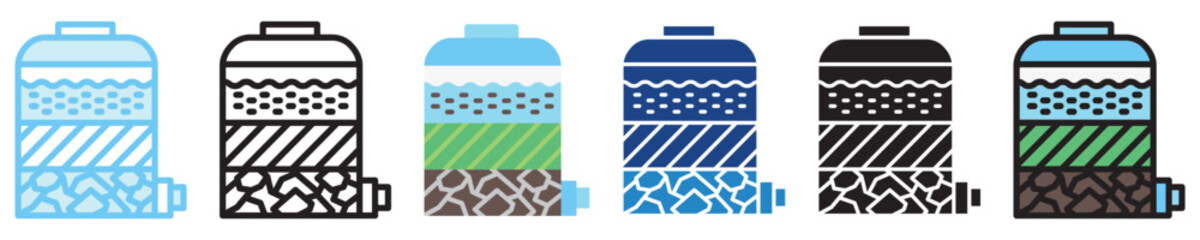 Biofilter multi-style icon, outline, flat, glyph, dual tone, line color, UI, UX kit, app and web development, digital or print. For industry, education, ecology, environment, water treatment theme.