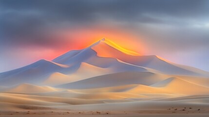 Wall Mural - Majestic sand dunes glow softly under a dramatic sunset sky. AI Generated