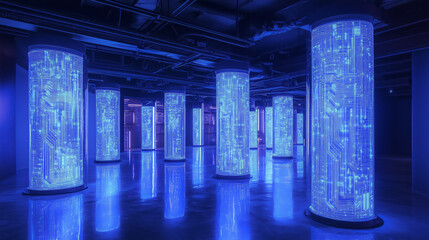 Poster - futuristic room with glowing blue columns resembling digital circuits, creating high tech atmosphere. reflective floor enhances immersive experience, suggesting digital future