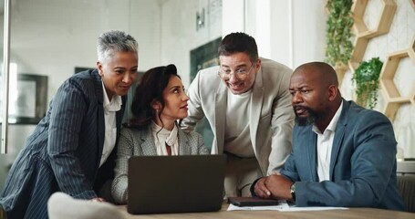 Aufkleber - Group, feedback and business people on laptop for accounting research and financial report. Budget plan, manager and professional accountant in meeting for finance career, online update or teamwork