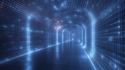 Poster - futuristic tunnel with glowing blue grid lines creates digital atmosphere, evoking sense of advanced technology and virtual reality. illuminated pathway suggests journey through digital landscape