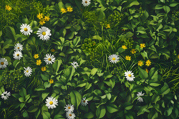 green grass, adorned with full blooming white daisies and yellow dandelions, capturing the essence of a lively spring lawn