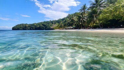 Wall Mural - Tropical beach, crystal-clear water, palm trees, sunny sky