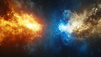 Poster - Fiery orange and icy blue energy clash dramatically in cosmic conflict. AI Generated