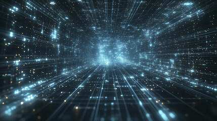 Poster - glowing digital tunnel with bright blue lights and futuristic grid pattern creates sense of depth and motion, evoking concept of digital future